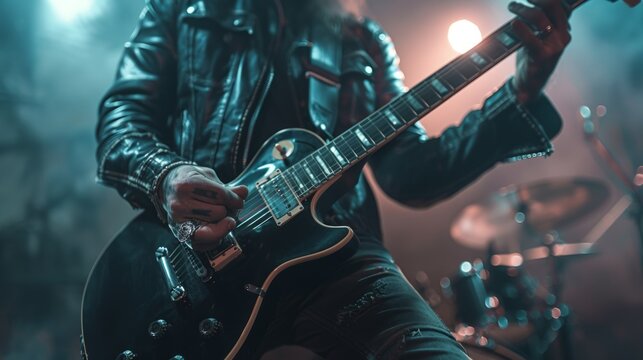 Rock musician focused on guitar fretboard during a live gig performance