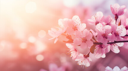 spring border or background art with beautiful pink blossom and blurred sunlight at the background