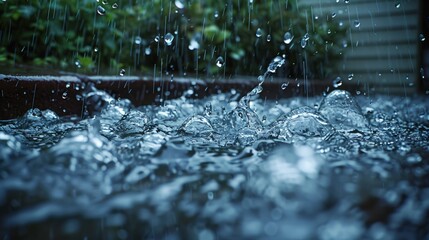 Pattering rainwater flows from a gutter, a scene of urban rainfall - obrazy, fototapety, plakaty