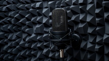 Condenser mic set against dark foam panels for podcast recording - obrazy, fototapety, plakaty