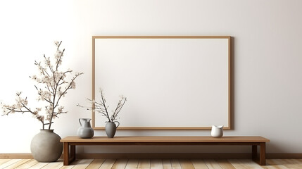 Home interior in japanese style, frame mockup in living room background