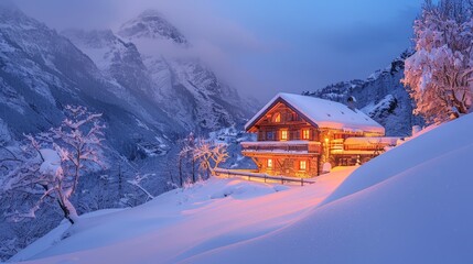 Dawn illuminates a snow-covered chalet in a tranquil alpine landscape - obrazy, fototapety, plakaty