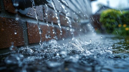 Rainwater gushes from a downpipe during a heavy rain, street side view