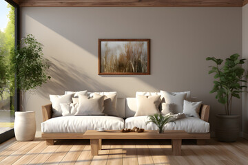 Fototapeta na wymiar Home mock up, modern beige room interior, Scandinavian style, 3d render