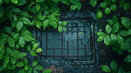 Green foliage frames storm drain on wet urban pavement