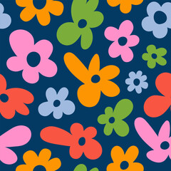 Abstract floral seamless pattern with cute groovy flowers on a dark blue background. Vector illustration