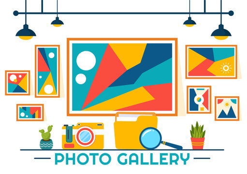 Photo Gallery Vector Illustration for Museum Visitors View Exhibition of Modern Abstract Paintings and Picture in Contemporary in Flat Background