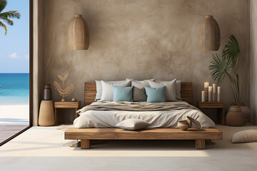Home mockup, bedroom interior background with rattan furniture and blank wall, Coastal style