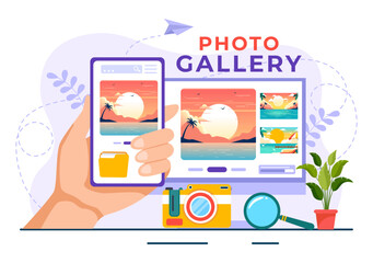 Photo Gallery Vector Illustration for Museum Visitors View Exhibition of Modern Abstract Paintings and Picture in Contemporary in Flat Background