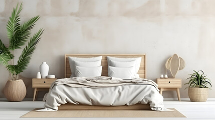 Home mockup, bedroom interior background with rattan furniture and blank wall, Coastal style
