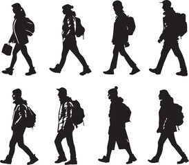 Set of People walking Black Silhouettes on white background