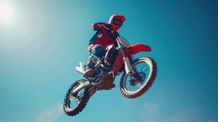 Motocross rider in midair against clear blue sky, displaying skill and precision