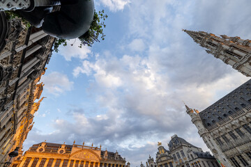 Brussels, Belgium, June 23, 2023, This low-angle shot offers a sweeping view of the ornate facades...