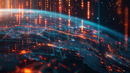 Stock market charts glow against a digital globe, showcasing global finance dynamics