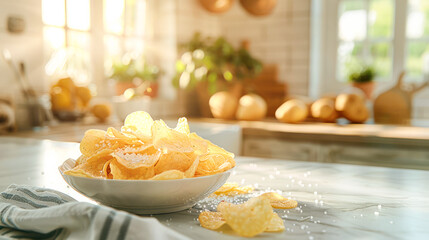A bowl of potato chips on the kitchen table.Generative AI