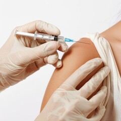 Close-up of Healthcare Worker Administering COVID-19 Vaccine Injection to Patients Arm with Syringe and Needle on White Background. Vaccination Process Concept in Medical Setting.