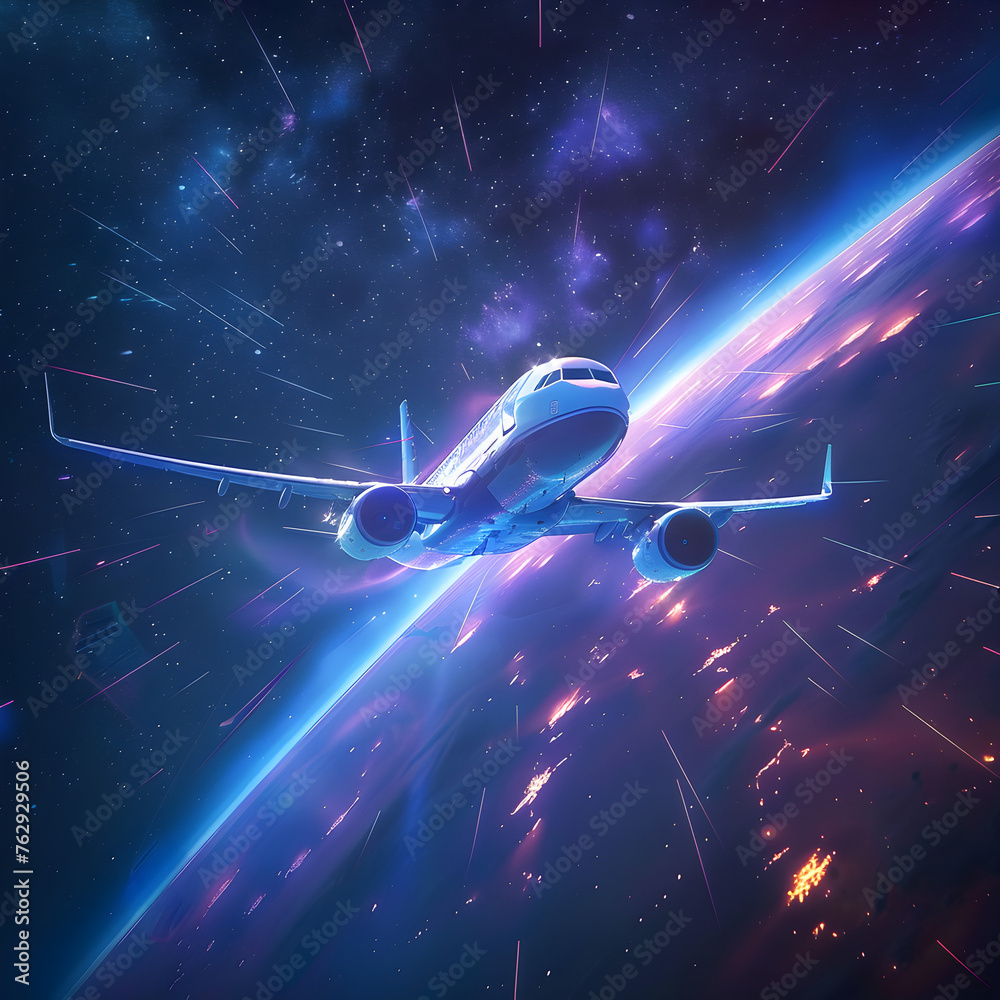 Wall mural an airplane flying in the right direction in the outer space in hologram.