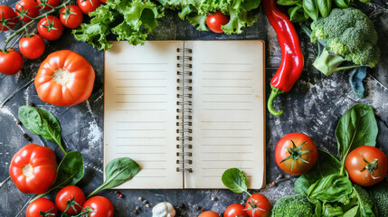 Empty paper notepad and assorted fresh vegetables on rustic concrete.Generative AI