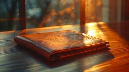 Sunlit setting enhances the stark emptiness of a leather wallet, a personal economic downturn - obrazy, fototapety, plakaty