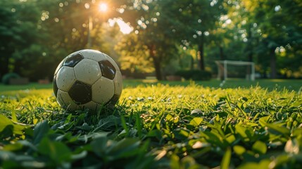 Pristine soccer ball lies in wait on lush green, signaling the calm before the match - obrazy, fototapety, plakaty