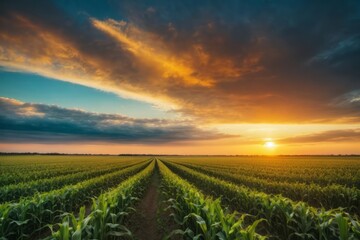 Fototapeta na wymiar corn field with sunset background