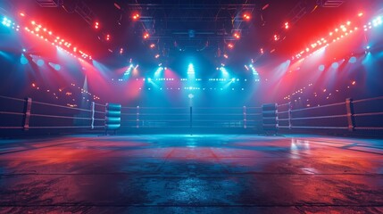Anticipation fills the arena with an empty ring under the glow of bright stage lights - obrazy, fototapety, plakaty