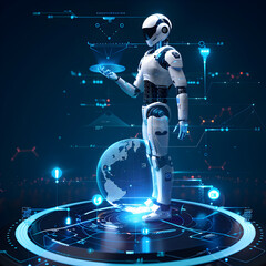Naklejka premium An artificial intelligence standing on the globe and using mobile App.