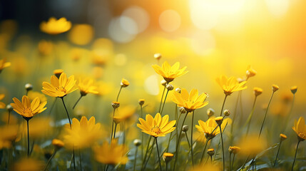 yellow spring flowers on green meadow background