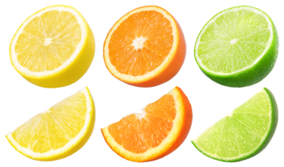  slice and half lemon fruit, slice and half orange fruit, slice and half fresh lime isolated, transparent PNG, PNG format, cut out