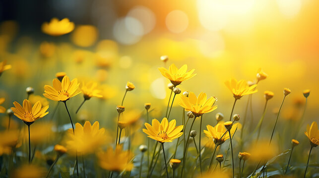 yellow spring flowers on green meadow background