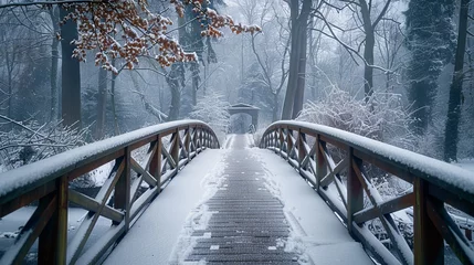 Abwaschbare Fototapete Lonely bridge blanketed in snow stretches into frosty silence of the forest © Lena