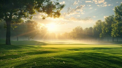 Early morning golf course awaits the swing that will launch the ball into the game - obrazy, fototapety, plakaty