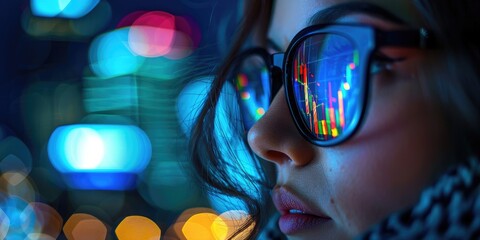 Glasses with stock charts reflective, close up view