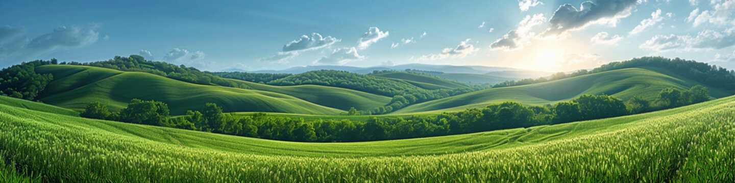 Wide wallpaper background image of long empty grass mountain valley landscape with beautiful greenish grass field and blue sky with white clouds   