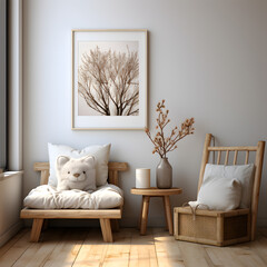 Mock up frame in children room with natural wooden furniture, Farmhouse style interior background, 3D render