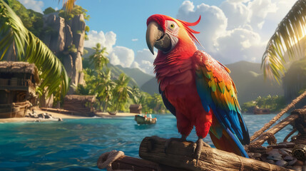 Animated pirate parrot and monkey exploring treasure on a tropical island fun and lively atmosphere