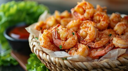 Basket of deep fried shrimp rustic setting