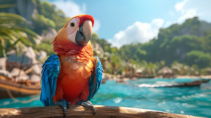 Animated pirate parrot and monkey exploring treasure on a tropical island fun and lively atmosphere