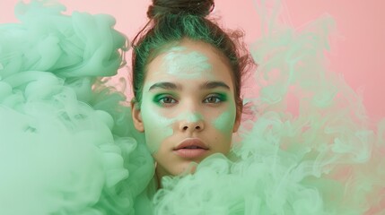 Young girl surrounded by a soft light green cloud of smoke on pink pastel backdrop