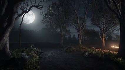 dark environment. With some trees that are lit up by the moonlight.