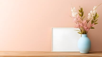 Mockup frame in Coastal interior background, room in light pastel colors