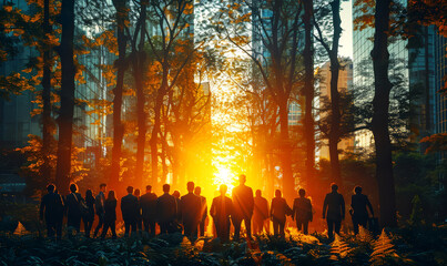 Group of people walking in the park at sunset with sun in the background. - 762931537