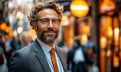 Portrait of a handsome middle-aged businessman with curly hair wearing a suit and glasses on a city street. - 762931557