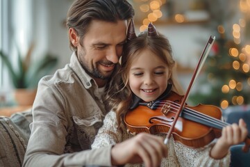 Father teaching young daughter to play violin at home, concept of family bonding and music education - obrazy, fototapety, plakaty
