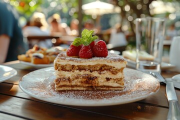 Tiramisu dessert garnished with fresh raspberries on a table at a vibrant outdoor café, concept of...