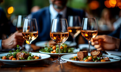 Glasses of white wine served on table in restaurant - 762931700