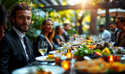 Group of business people sitting at a table in a luxury restaurant. - 762931725