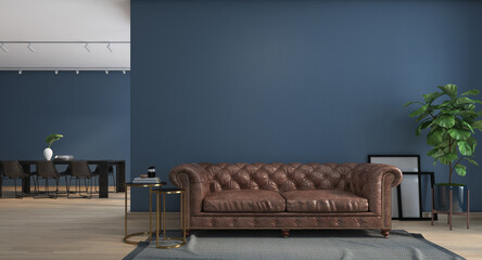 Dark blue wall with brown luxury leather sofa, interior design of modern apartment, home office decoration,  a trend colour year 2023 in the luxury living lounge, blue background decor, 3D rendering - obrazy, fototapety, plakaty