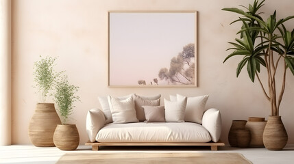 Mockup frame in home interior background, living room in pastel beige colors, boho style