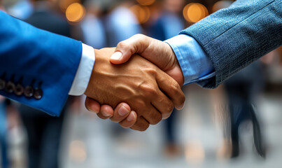 Business, partnership and people concept - close up of two businessmen shaking hands. - 762931776